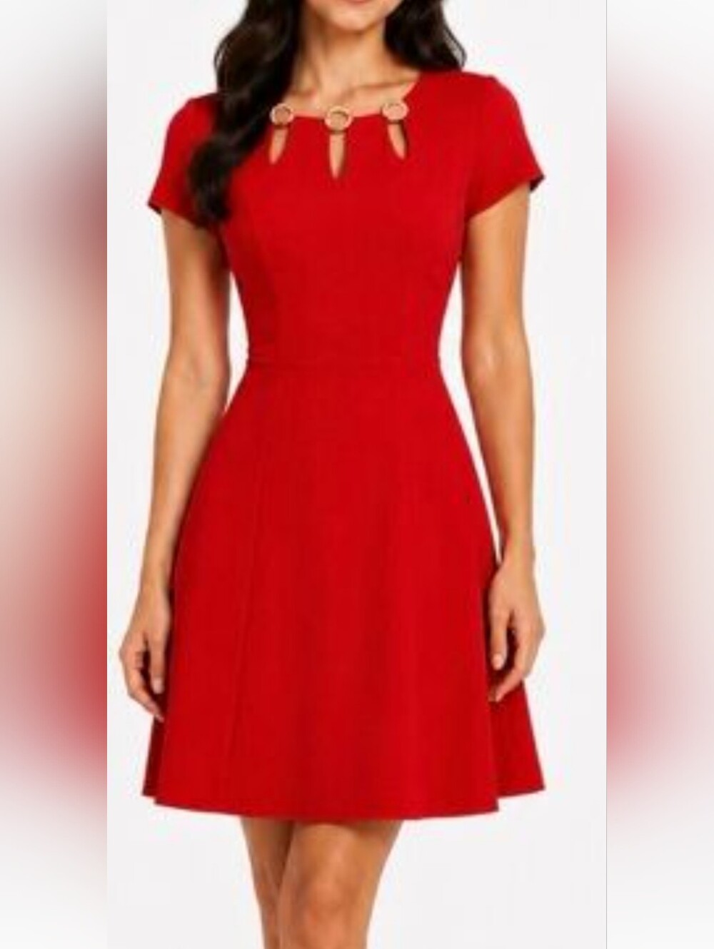 ALYX Short-Sleeve Fit-and-Flare Dress with Ring, Size 16, Red